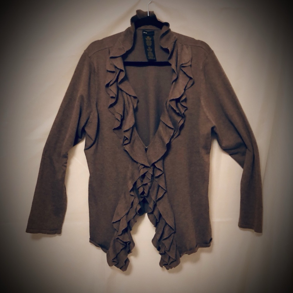 🎁✈️😊Ruffled Front, Mocha, Cardigan Sweater, by Grace Elements